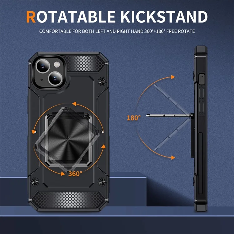 Bulk Buy For iPhone 15 Plus Case Rotating Kickstand TPU+PC Impact-Resistant Phone Cover - Nero