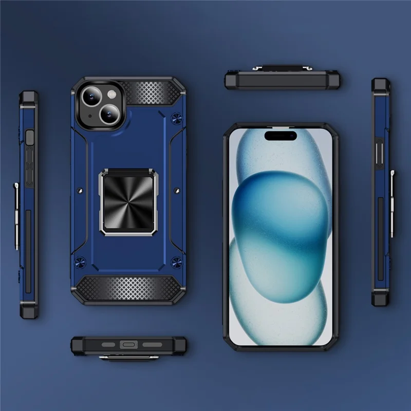 Bulk Purchasing For iPhone 15 Plus Case Rotating Kickstand TPU+PC Impact-Resistant Phone Cover - Blue
