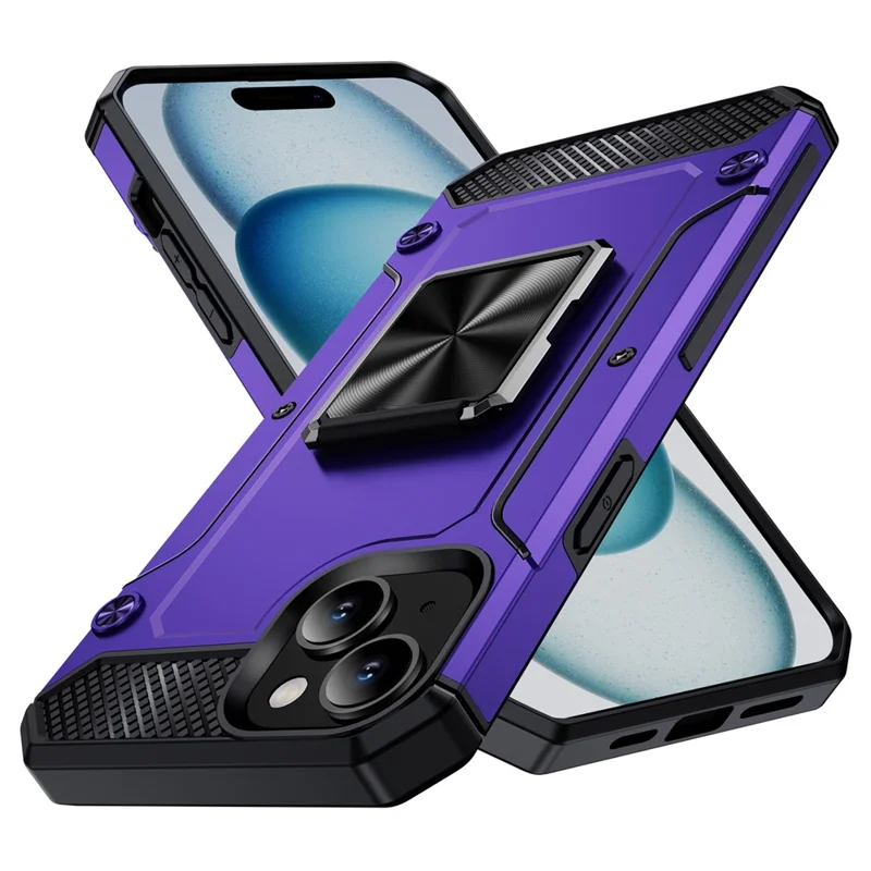 Hurtowe zakupy Etui na iPhone 15 Plus z obracającym się podstawką TPU+PC odporność na uderzenia Pokrowiec na telefon - fioletowy