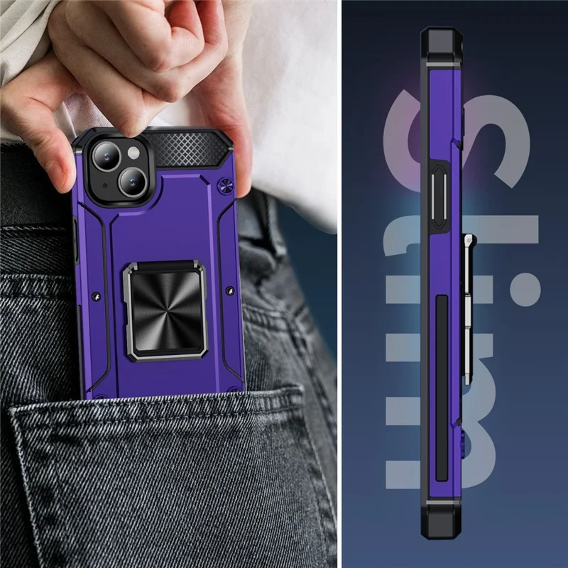 Hurtowe zakupy Etui na iPhone 15 Plus z obracającym się podstawką TPU+PC odporność na uderzenia Pokrowiec na telefon - fioletowy