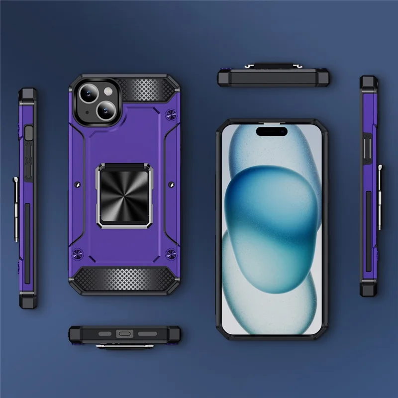 Hurtowe zakupy Etui na iPhone 15 Plus z obracającym się podstawką TPU+PC odporność na uderzenia Pokrowiec na telefon - fioletowy