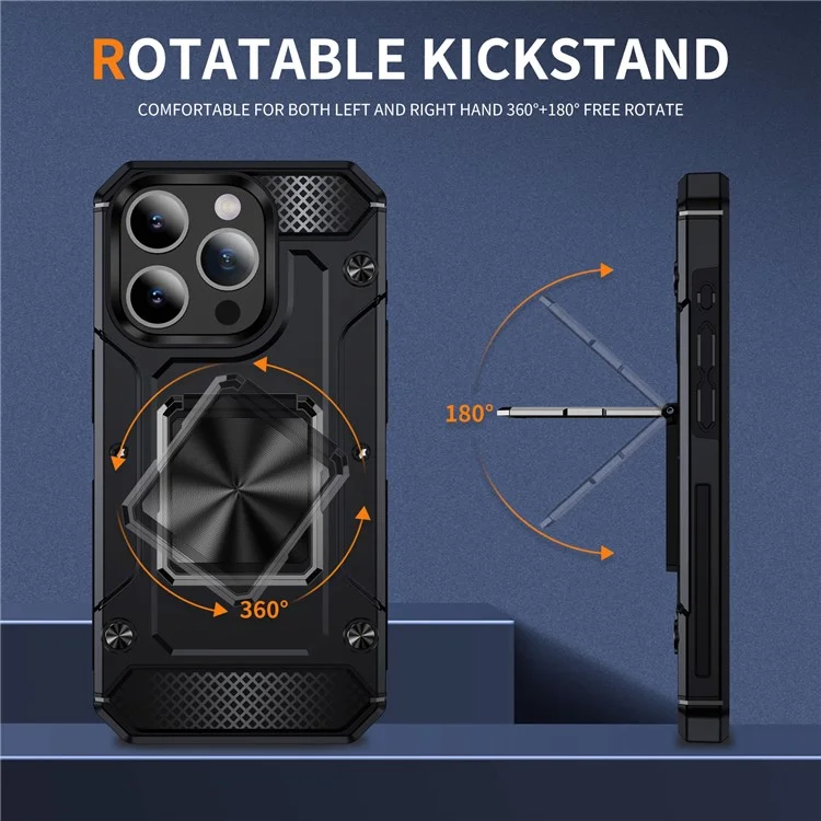 Acquisto all'ingrosso per custodia iPhone 14 Pro Ring Holder Kickstand Hybrid PC+TPU Cover per telefono - Nero