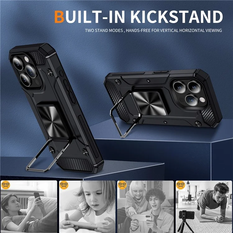 Acquisto all'ingrosso per custodia iPhone 14 Pro Ring Holder Kickstand Hybrid PC+TPU Cover per telefono - Nero