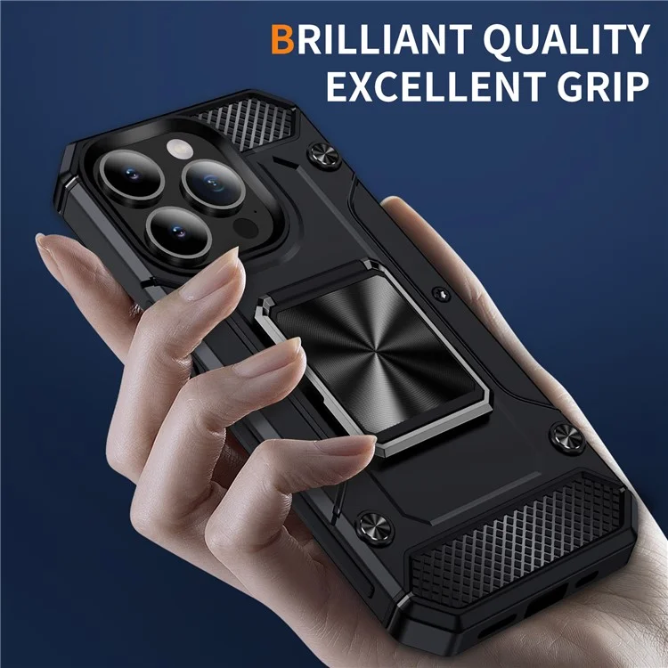 Acquisto all'ingrosso per custodia iPhone 14 Pro Ring Holder Kickstand Hybrid PC+TPU Cover per telefono - Nero