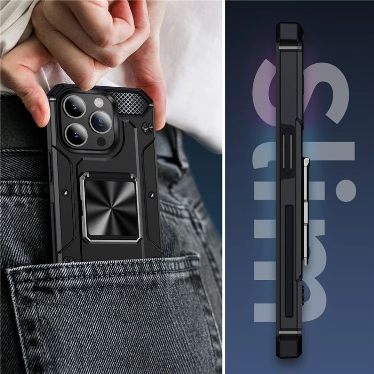 Acquisto all'ingrosso per custodia iPhone 14 Pro Ring Holder Kickstand Hybrid PC+TPU Cover per telefono - Nero