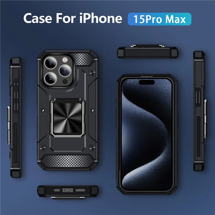 Masseneinkauf für iPhone 15 Pro Max Hülle mit Ring-Ständer TPU+PC Handyhülle - Schwarz