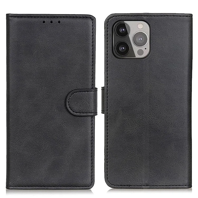 For iPhone 16 Pro Max Case Cowhide Texture Leather Flip Wallet Phone Cover - Black