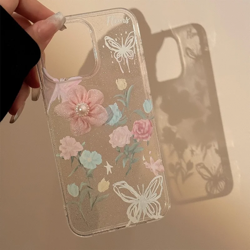 For iPhone 15 Pro Max Case 3D Flower Decor Glitter Design Soft TPU Phone Cover