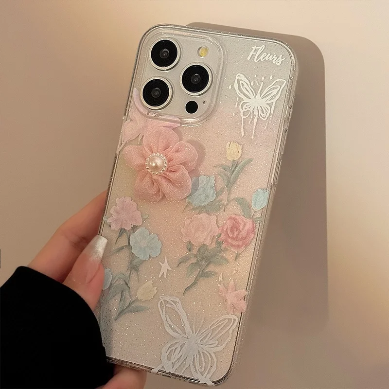 For iPhone 15 Pro Max Case 3D Flower Decor Glitter Design Soft TPU Phone Cover
