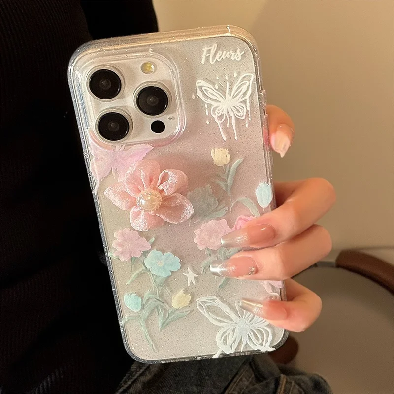 For iPhone 15 Pro Max Case 3D Flower Decor Glitter Design Soft TPU Phone Cover