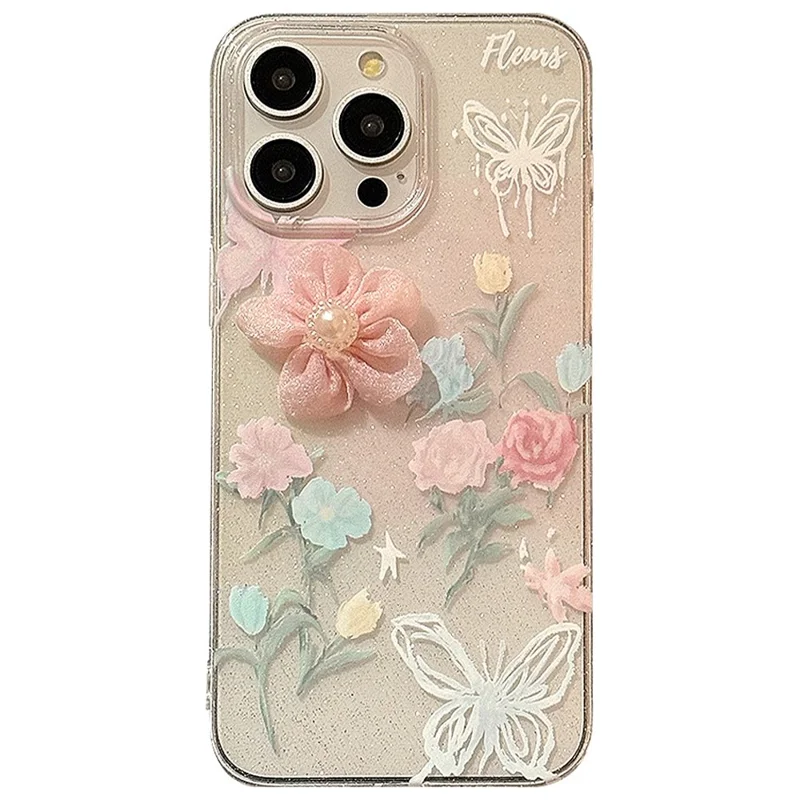 For iPhone 15 Pro Case Soft TPU 3D Rose Flower Shiny Phone Cover