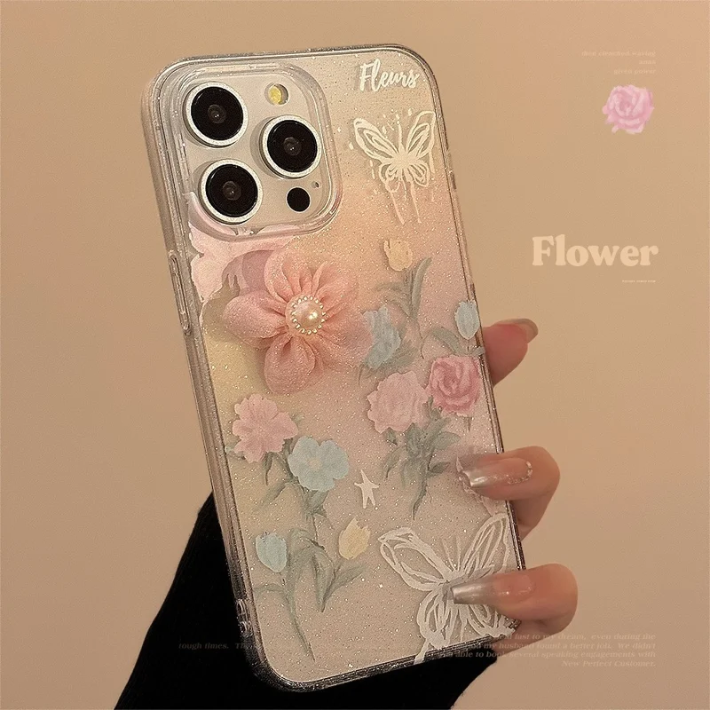 For iPhone 15 Pro Case Soft TPU 3D Rose Flower Shiny Phone Cover