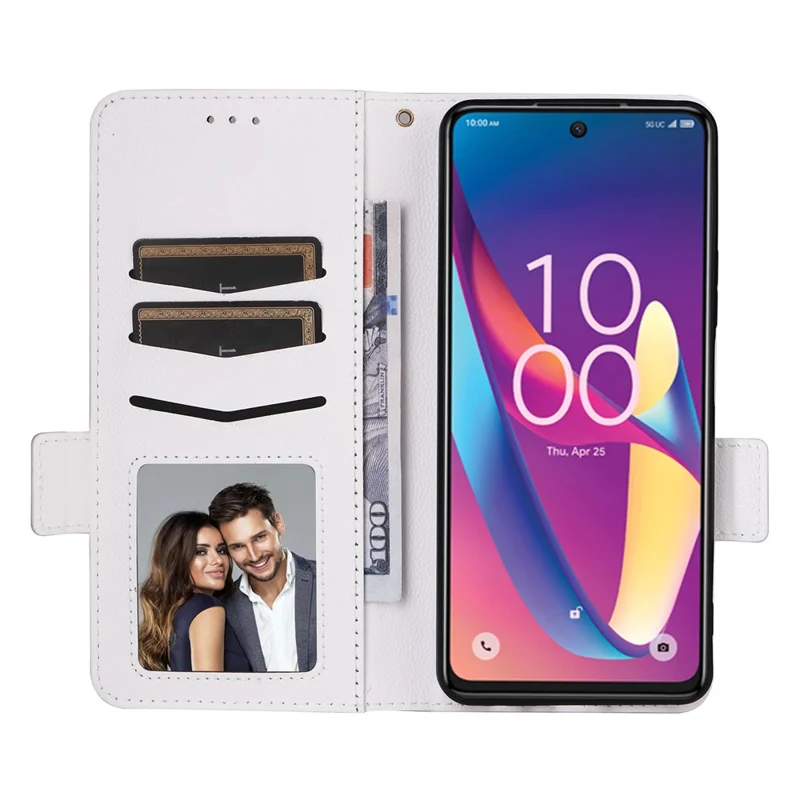 Para TCL 50 XL 5G Funda de Cuero Textura de Litchi Soporte de Tarjeta Plegable Funda de Teléfono - Blanco