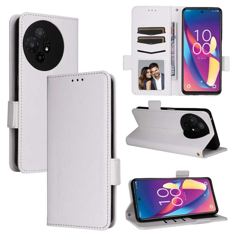 Para TCL 50 XL 5G Funda de Cuero Textura de Litchi Soporte de Tarjeta Plegable Funda de Teléfono - Blanco