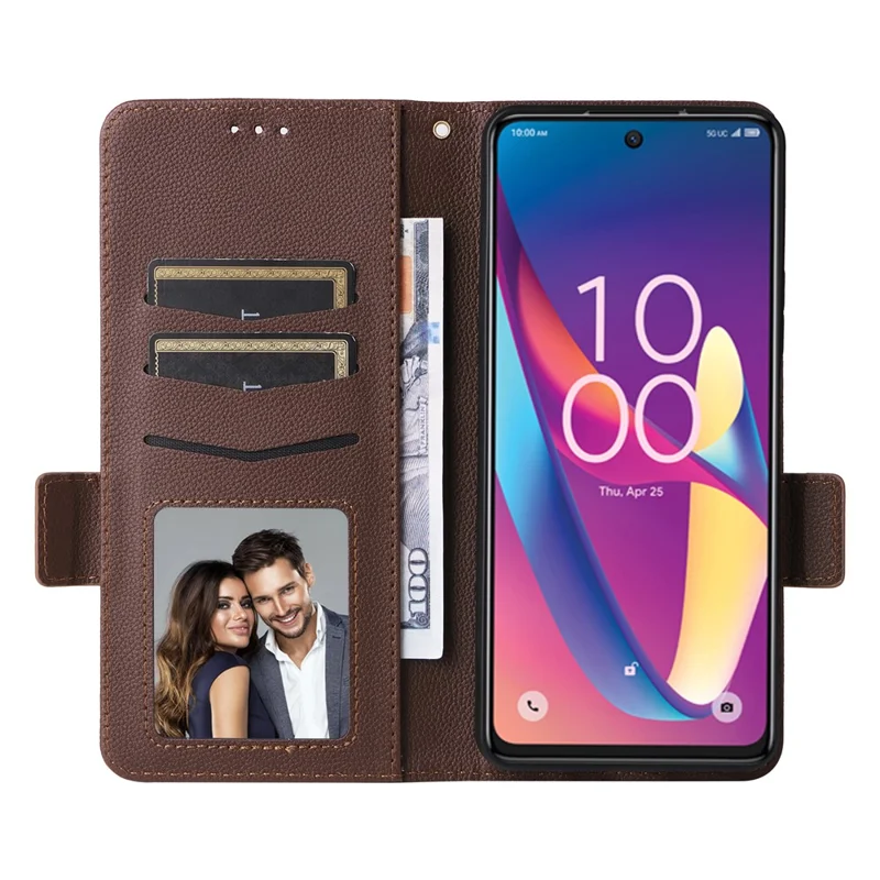 For TCL 50 XL 5G Case with Wrist Strap Litchi Texture PU Leather Wallet Phone Cover - Brown