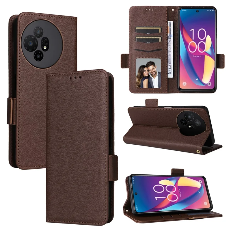 For TCL 50 XL 5G Case with Wrist Strap Litchi Texture PU Leather Wallet Phone Cover - Brown