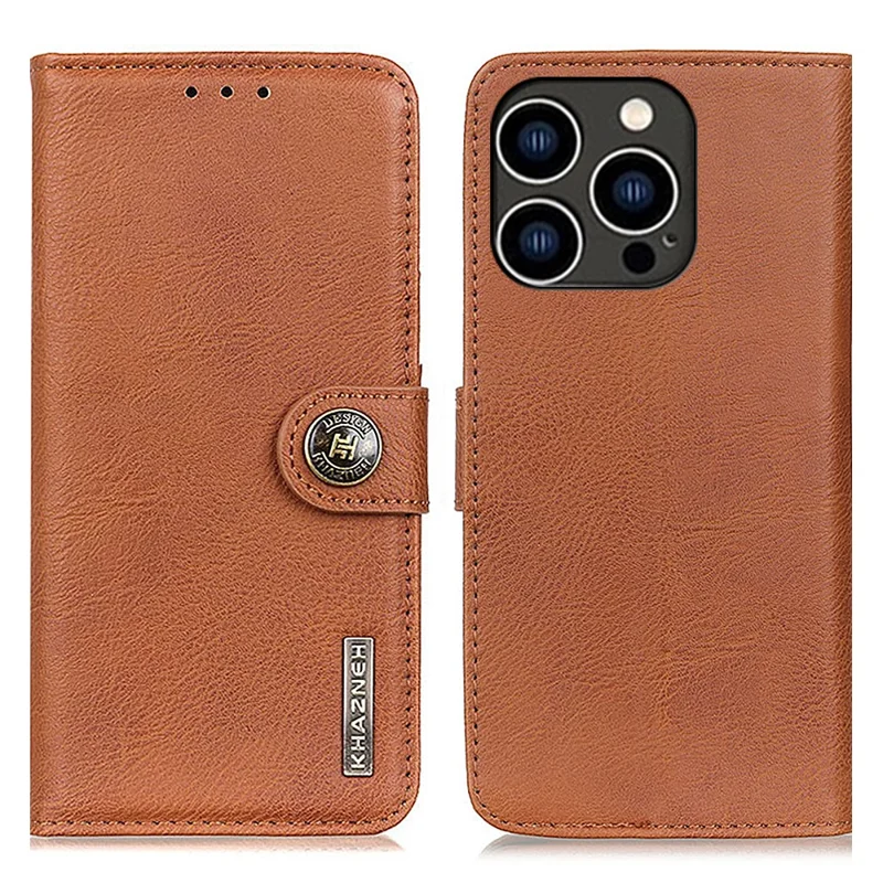KHAZNEH For iPhone 16 Pro Wallet Case Cowhide Texture Leather Phone Cover - Brown