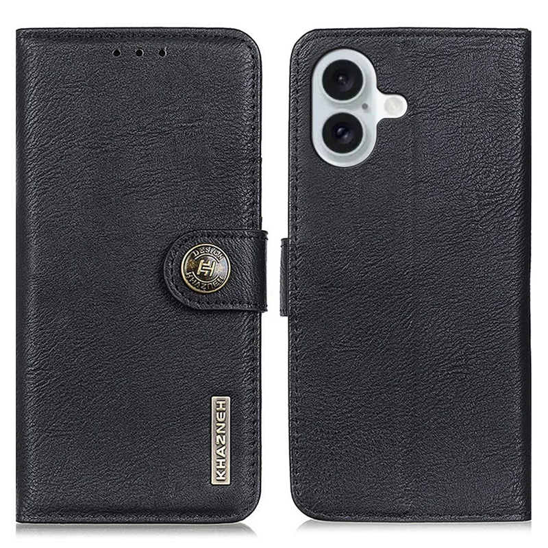 KHAZNEH For iPhone 16 Case Cowhide Texture Leather Phone Cover - Black