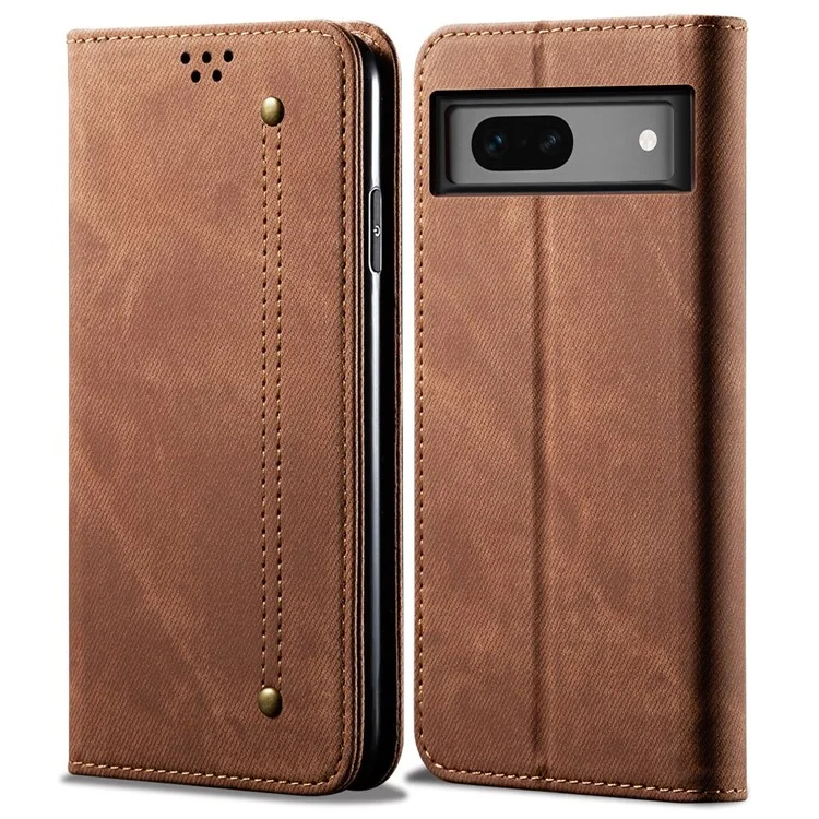 Pour Google Pixel 8a Case Jeans Cloth Texture Leather Phone Cover avec Cash Card Holder - Coffee