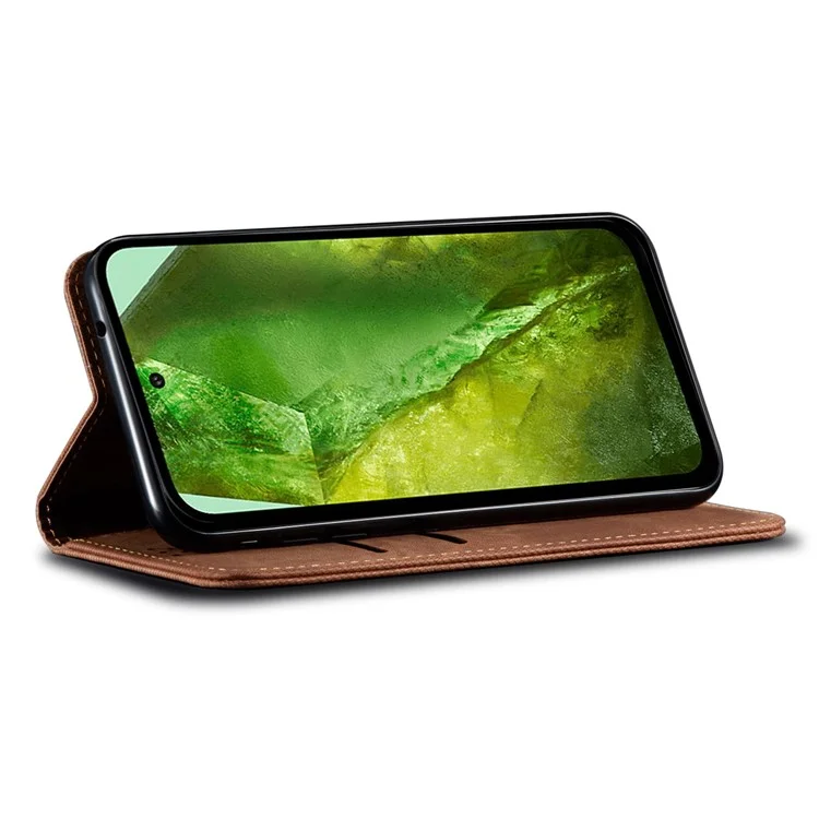 Pour Google Pixel 8a Case Jeans Cloth Texture Leather Phone Cover avec Cash Card Holder - Coffee