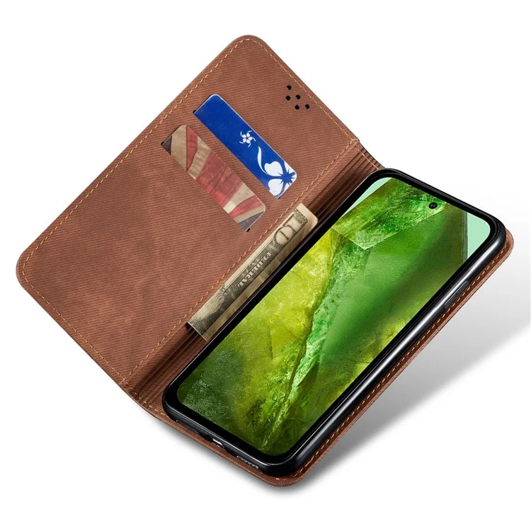 Pour Google Pixel 8a Case Jeans Cloth Texture Leather Phone Cover avec Cash Card Holder - Coffee