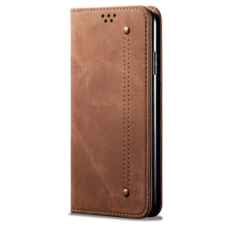 Pour Google Pixel 8a Case Jeans Cloth Texture Leather Phone Cover avec Cash Card Holder - Coffee