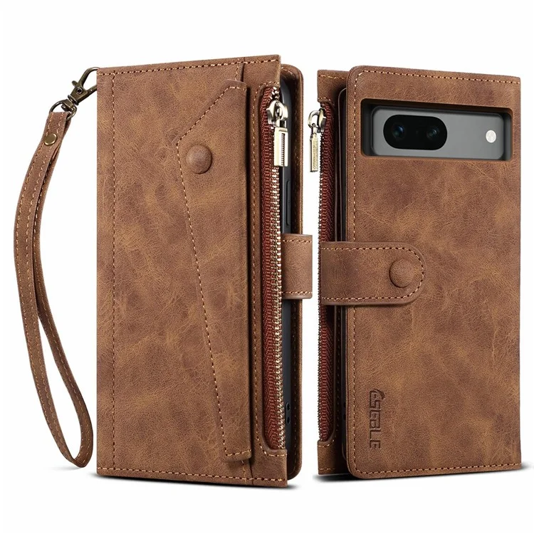 ESEBLE Star Series For Google Pixel 8a Case Zipper PU Leather Phone Cover with Card Slots Wrist Strap - Brown