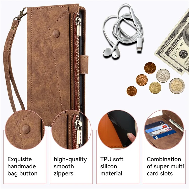 ESEBLE Star Series For Google Pixel 8a Case Zipper PU Leather Phone Cover with Card Slots Wrist Strap - Brown