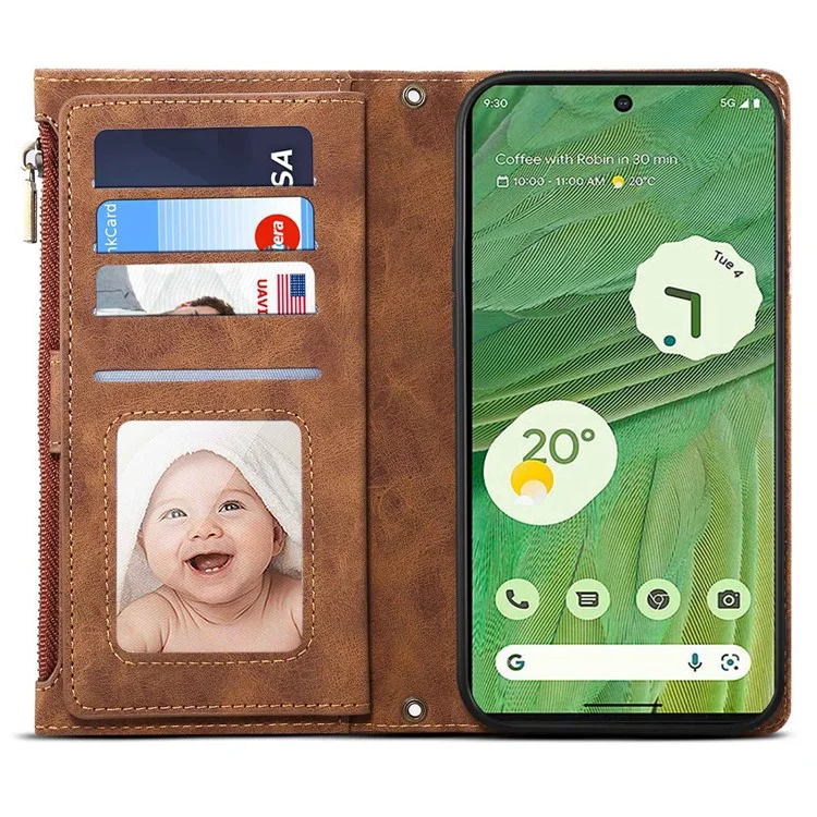 ESEBLE Star Series For Google Pixel 8a Case Zipper PU Leather Phone Cover with Card Slots Wrist Strap - Brown