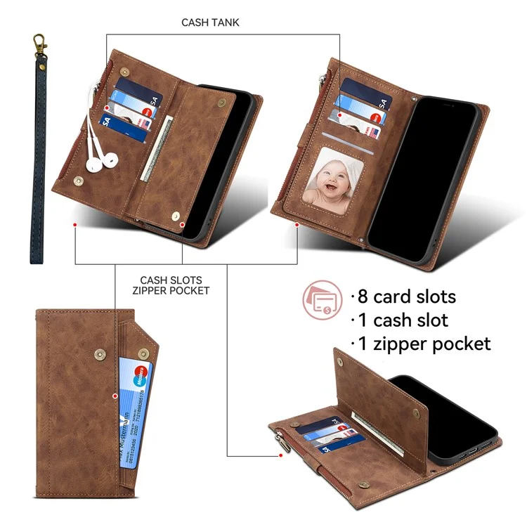 ESEBLE Star Series For Google Pixel 8a Case Zipper PU Leather Phone Cover with Card Slots Wrist Strap - Brown