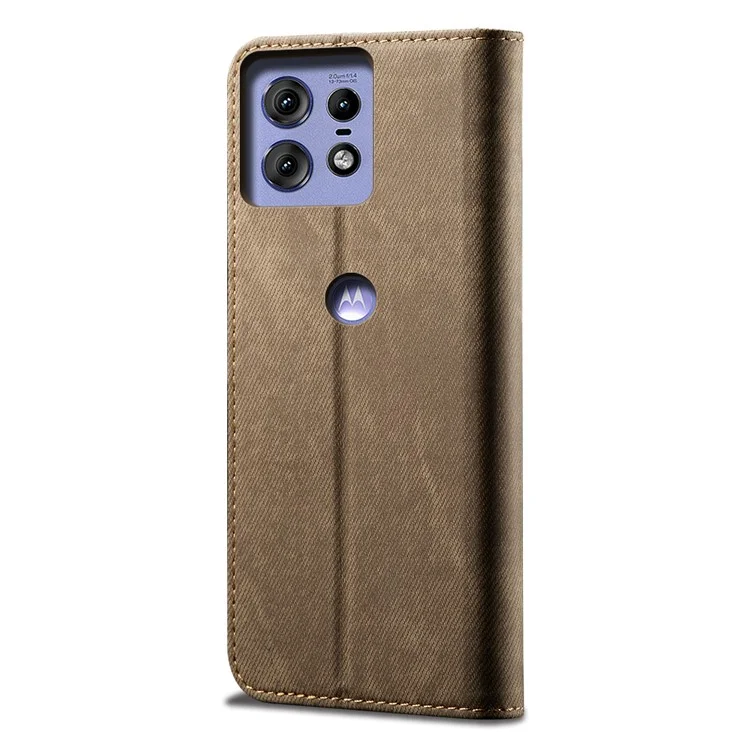 Para Motorola Edge 50 Pro 5G Funda de Cuero Textura Vaquera Folio Flip Funda de Teléfono - Caqui