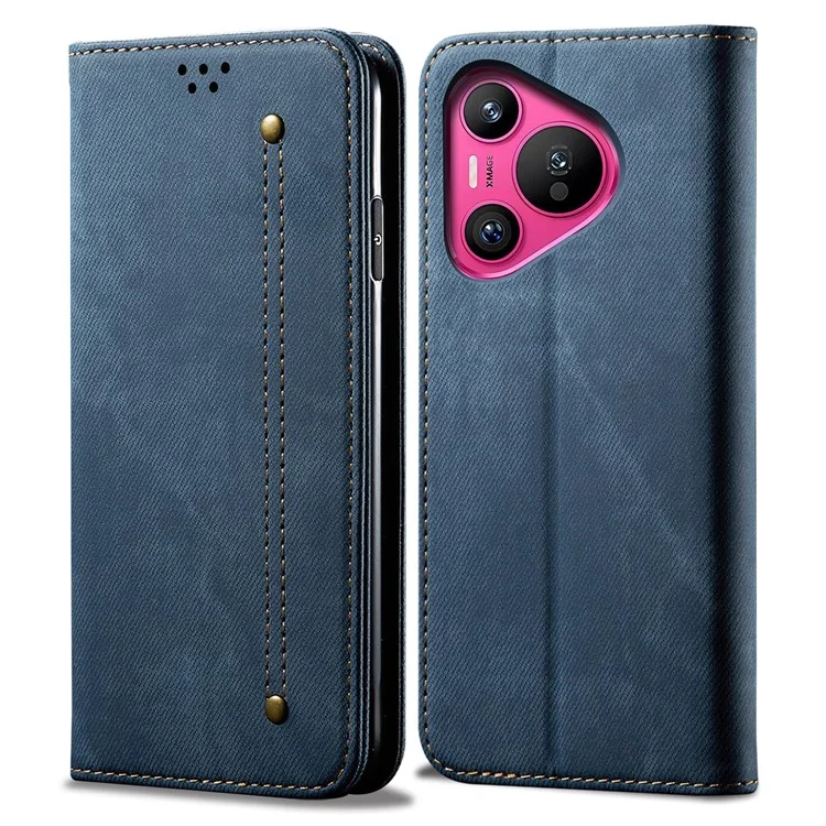Para Huawei Pura 70 Case Leather Wallet Phone Cover Jeans Cloth Texture - Azul