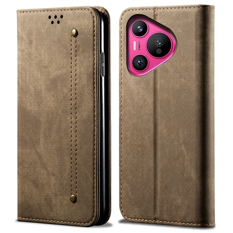 For Huawei Pura 70 Case Leather Wallet Phone Cover Jeans Cloth Texture - Khaki