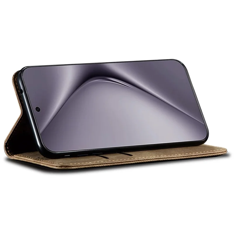 For Huawei Pura 70 Case Leather Wallet Phone Cover Jeans Cloth Texture - Khaki