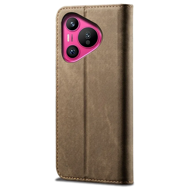 For Huawei Pura 70 Case Leather Wallet Phone Cover Jeans Cloth Texture - Khaki