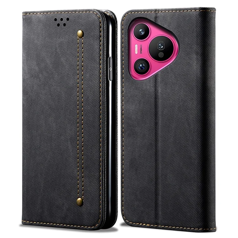 For Huawei Pura 70 Case Leather Wallet Phone Cover Jeans Cloth Texture - Black