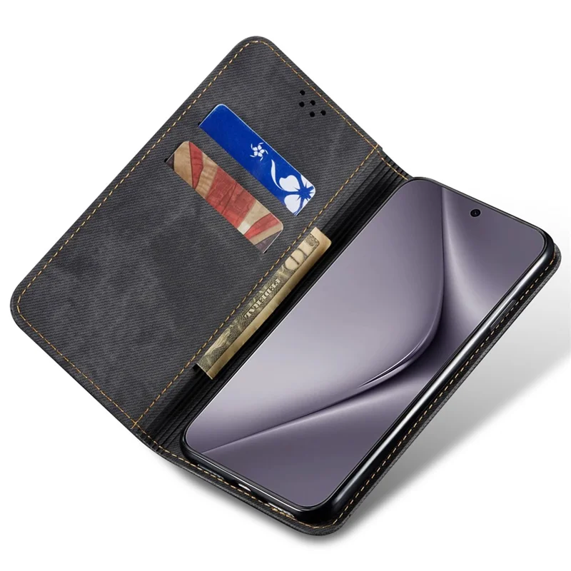 For Huawei Pura 70 Case Leather Wallet Phone Cover Jeans Cloth Texture - Black