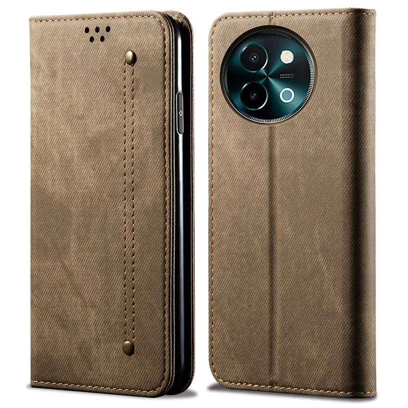 For vivo Y38 5G Wallet Case Jeans Cloth Texture Shockproof Leather Phone Cover - Khaki