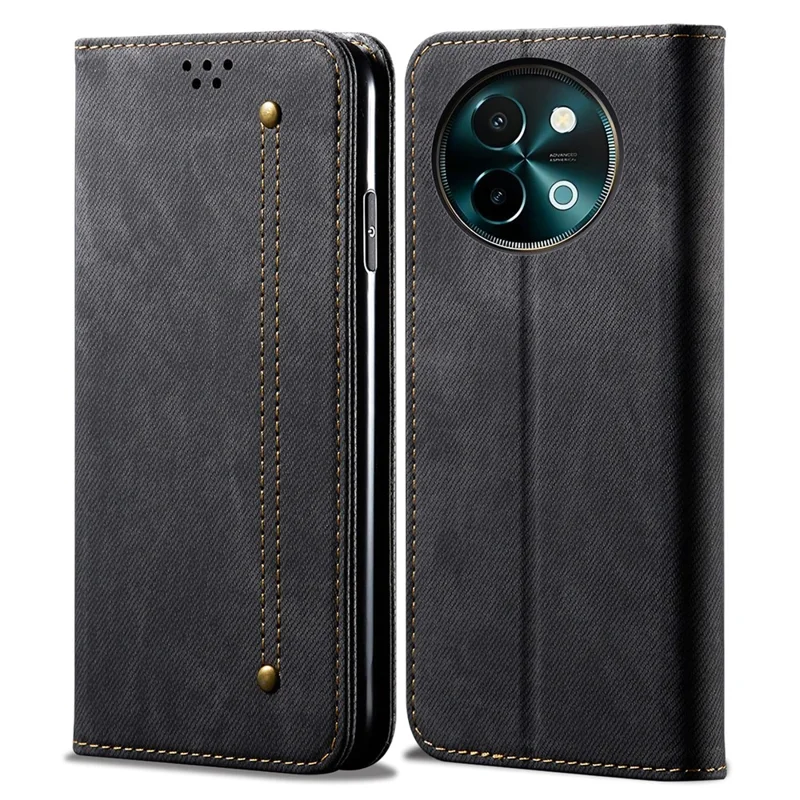 For vivo Y38 5G Wallet Case Jeans Cloth Texture Shockproof Leather Phone Cover - Black