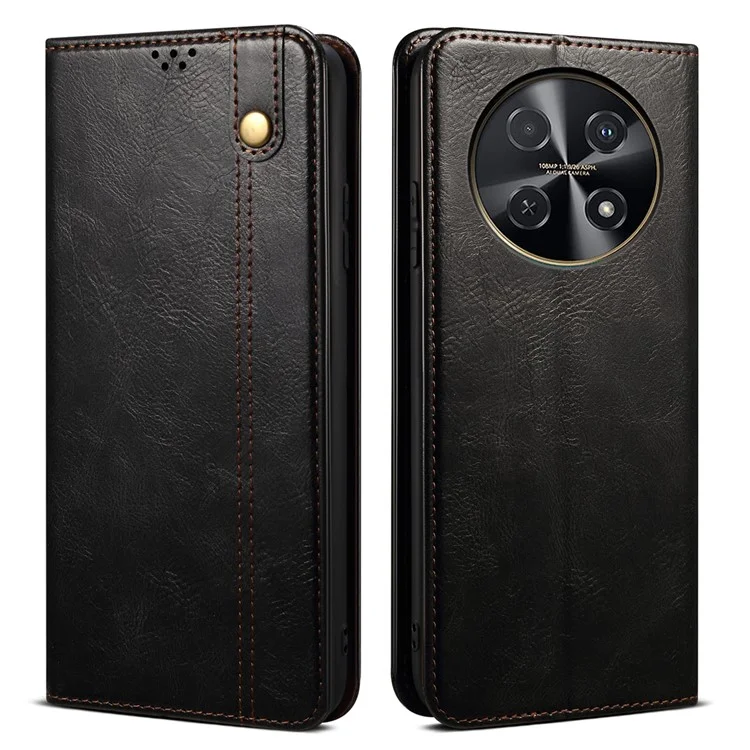 Para Huawei nova 12i 4G / Enjoy 70 Pro Capa de Carteira de Couro Textura de Cavalo Louco - Preto