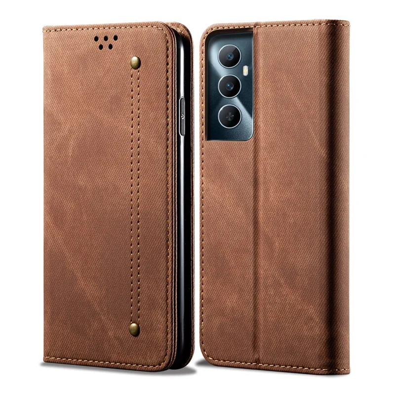 Für Realme C65 4G Hülle Leder Jeans Stoff Textur Folio Flip Handyhülle - Kaffee