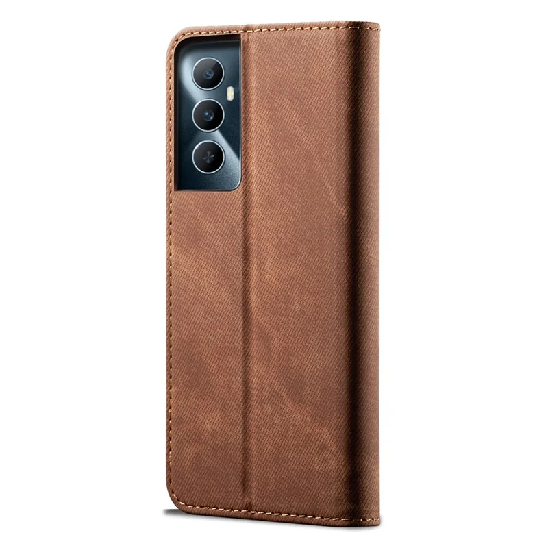 Für Realme C65 4G Hülle Leder Jeans Stoff Textur Folio Flip Handyhülle - Kaffee