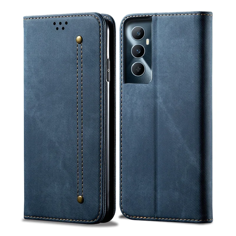 For Realme C65 4G Case Leather Jeans Cloth Texture Folio Flip Phone Cover - Blue