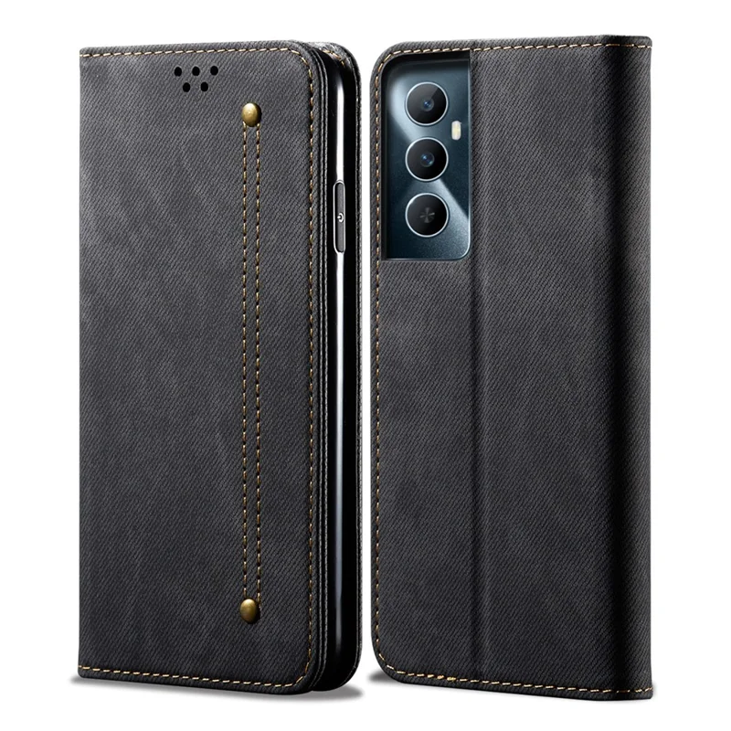 For Realme C65 4G Case Leather Jeans Cloth Texture Folio Flip Phone Cover - Black
