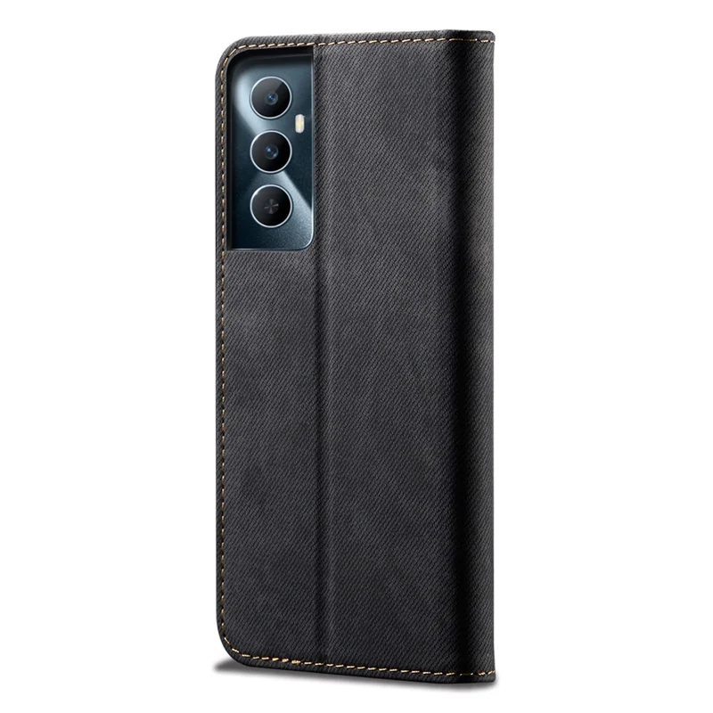 For Realme C65 4G Case Leather Jeans Cloth Texture Folio Flip Phone Cover - Black