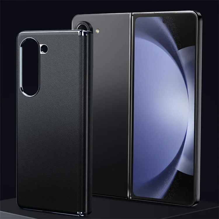 Per Samsung Galaxy Z Fold6 5G Case Electroplating PU Leather+PC Phone Cover con protezione cerniera - Nero