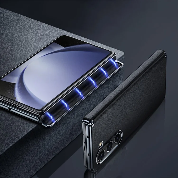 Per Samsung Galaxy Z Fold6 5G Case Electroplating PU Leather+PC Phone Cover con protezione cerniera - Nero