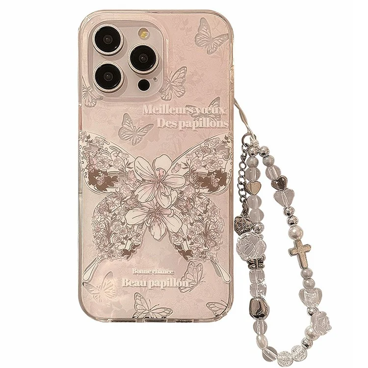For iPhone 15 Pro Max Case TPU Butterfly IMD Phone Cover with Hand Chain