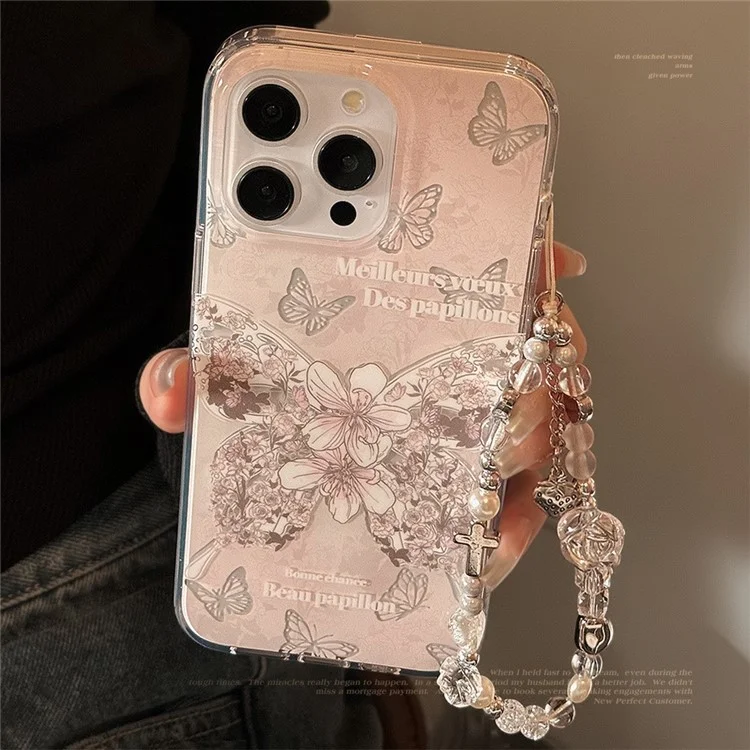 For iPhone 15 Pro Max Case TPU Butterfly IMD Phone Cover with Hand Chain