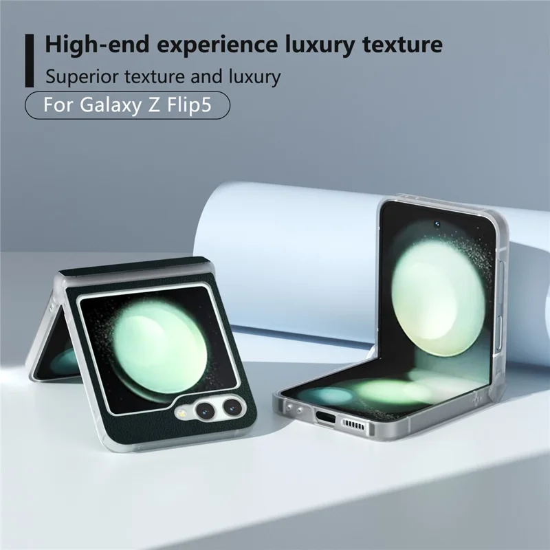 For Samsung Galaxy Z Flip5 5G Case Hinge Protection Leather+PC Anti-slip Phone Cover - Dark Green